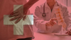 Healing symbol in front of doctor and patient with back pain talking