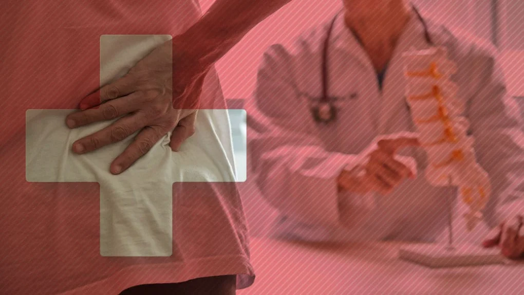Healing symbol in front of doctor and patient with back pain talking