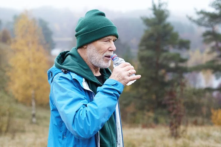 Senior man drinks from water bottle while walking outdoors