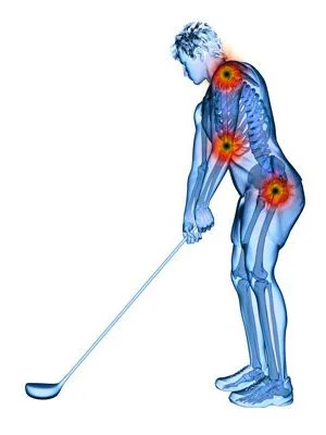 Illustration of a person in blue golfing with red at the shoulder, hip, and elbow