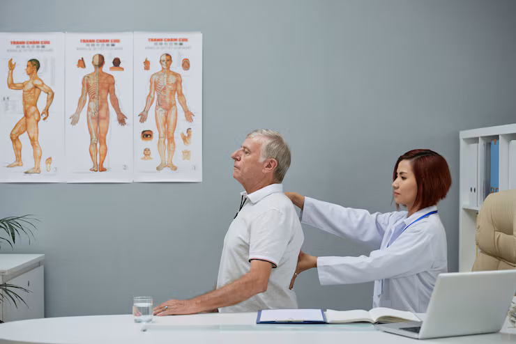 Provider evaluates posture of older male patient