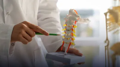 Provider wearing white lab coat points to 3D spine model