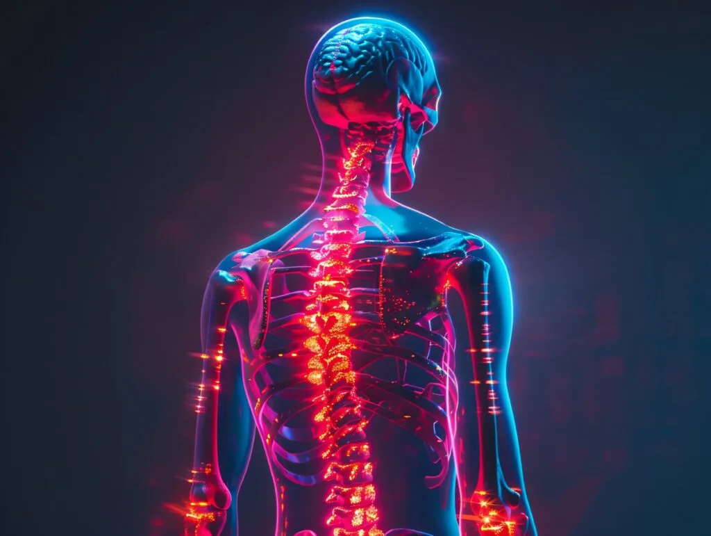 X-ray type graphic of human and spine in blue and red