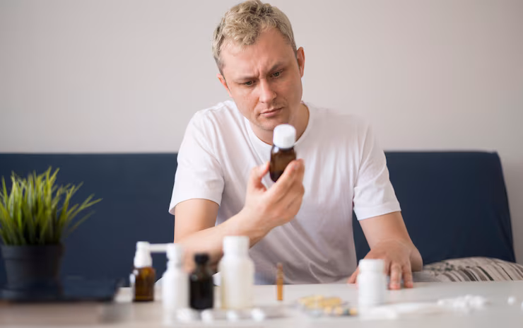 Man in white shirt reads description on treatment bottle