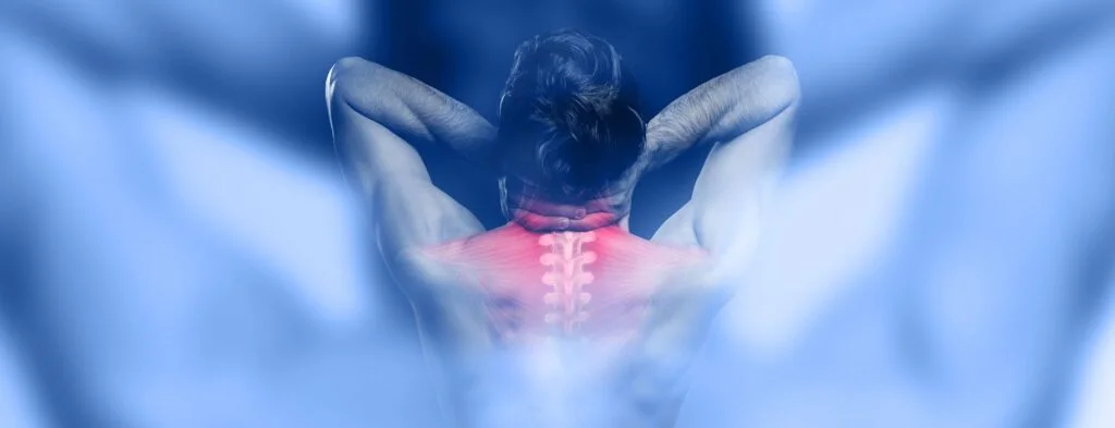Illustration of a man holding the back of his neck with a red spine indicating pain
